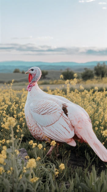 A vibrant turkey walks through a field of yellow flowers, with a backdrop of rolling hills and a serene sky, creating a charming phone wallpaper.