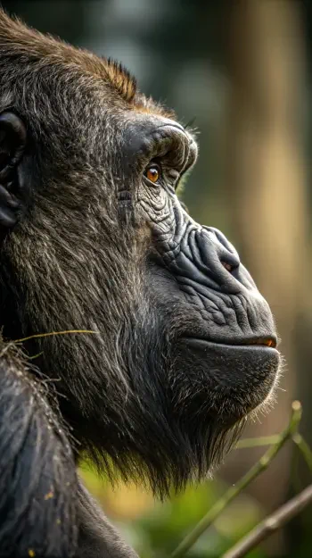 A striking close-up of a gorilla’s profile, showcasing its expressive eyes and textured fur, surrounded by natural greenery—a captivating phone wallpaper choice.