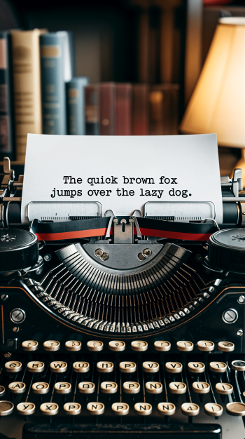 A classic typewriter with a page that reads, The quick brown fox jumps over the lazy dog, set against a cozy background, perfect for a phone wallpaper.