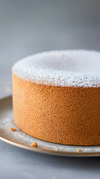 A close-up of a fluffy sponge cake dusted with powdered sugar, set on a simple plate, making for an appealing phone wallpaper choice.