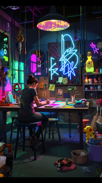 A vibrant workshop scene featuring a person sketching at a cluttered table, illuminated by colorful neon lights and surrounded by creative tools and quirky decorations.