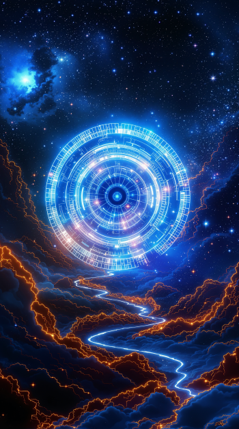 A vibrant cosmic scene featuring a glowing blue circular design amidst starry skies and swirling clouds, with electric orange streaks illuminating a winding path below.
