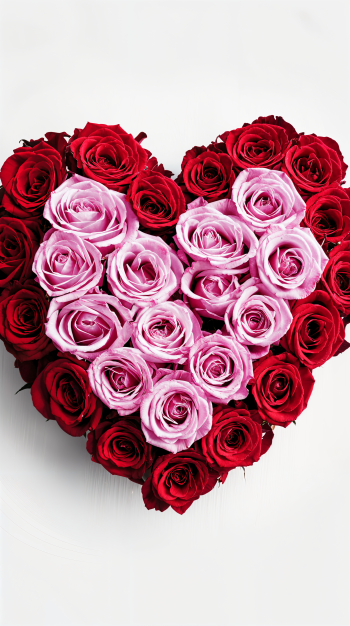 A vibrant phone wallpaper featuring a heart-shaped arrangement of red and pink roses, symbolizing love and affection for Valentine's Day.