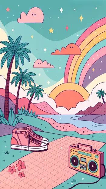 A vibrant chillwave-inspired phone wallpaper featuring palm trees, a retro boombox, colorful sneakers, and a rainbow above a serene landscape at sunset.