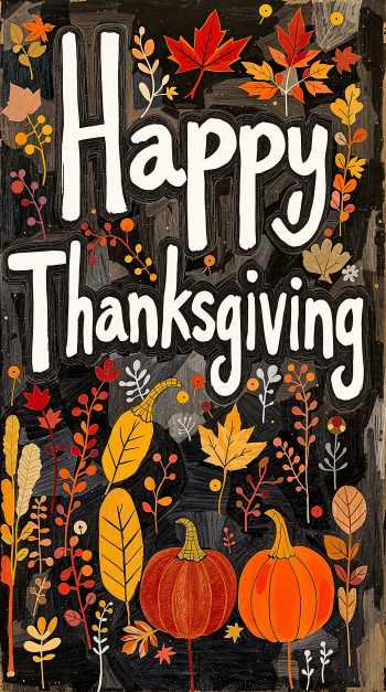 A vibrant phone wallpaper featuring the text Happy Thanksgiving surrounded by autumn leaves and pumpkins, celebrating the warmth and festivities of the season.