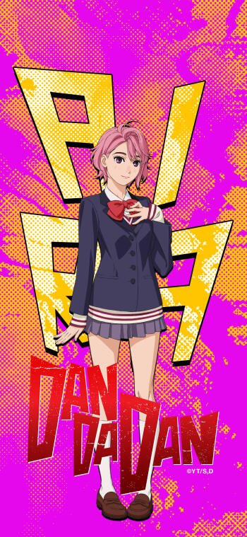 Phone wallpaper featuring Aira Shiratori from the anime Dandadan, standing in her school uniform against a vibrant pink and orange pop art background.