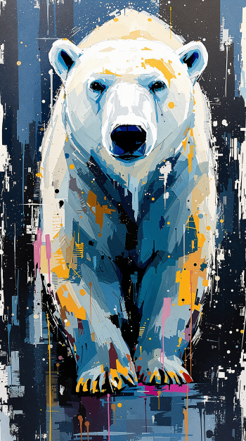 A vibrant, artistic portrayal of a polar bear, featuring bold colors and dynamic brush strokes, designed as a captivating phone wallpaper.