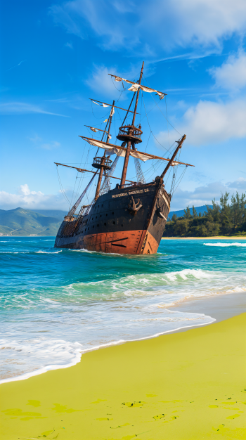 A majestic shipwreck rests on a vibrant beach, surrounded by turquoise waters and lush greenery under a bright blue sky, creating a captivating phone wallpaper scene.