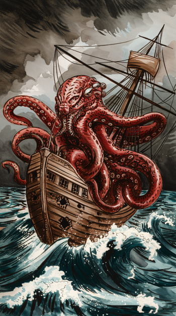 A dramatic phone wallpaper featuring a giant kraken emerging from turbulent waters, grasping a distressed ship with its large tentacles under stormy skies.