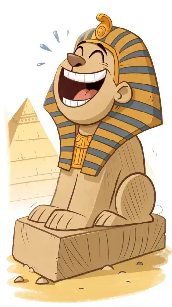 A cheerful cartoon sphinx with a pharaoh's headdress smiles widely against a backdrop of pyramids, designed as a vibrant phone wallpaper.