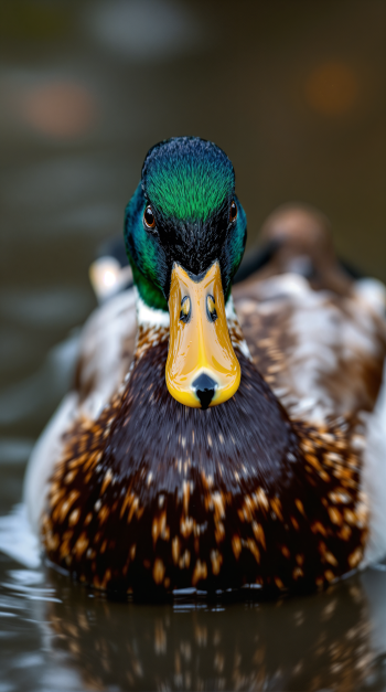 A close-up of a vibrant mallard duck gliding on water, showcasing its striking green head and distinctive markings, perfect as a captivating phone wallpaper.
