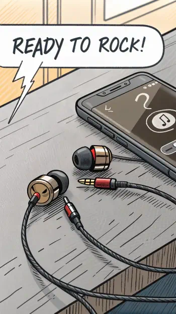 A phone rests on a wooden surface next to stylish earbuds, accompanied by a speech bubble saying READY TO ROCK! This vibrant design serves as an energetic phone wallpaper.