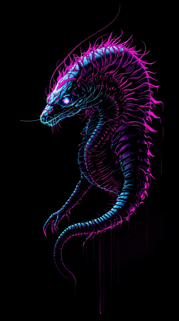 A vibrant digital illustration of a basilisk with intricate details, featuring glowing blue eyes and a striking pink and black color scheme, designed as a captivating phone wallpaper.