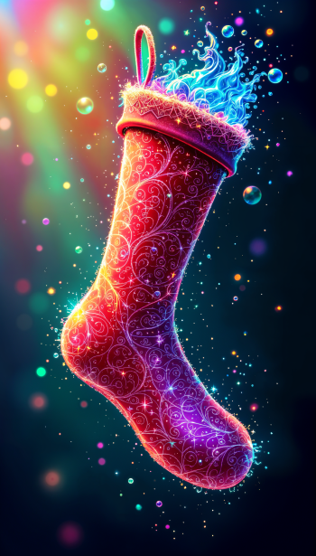 A vibrant red stocking adorned with swirling patterns, glowing against a colorful, dreamy backdrop filled with bubbles and sparkles, designed as a phone wallpaper.