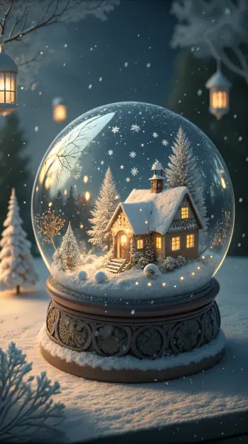 Phone wallpaper featuring a festive snow globe with a snow-covered house, glowing lights, and a winter scene inside, surrounded by softly falling snowflakes.