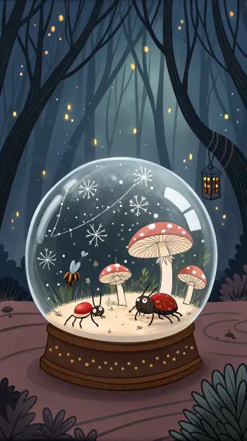 A whimsical snow globe featuring two friendly insects and vibrant mushrooms, set in a mystical forest backdrop with twinkling lights, perfect for a phone wallpaper.