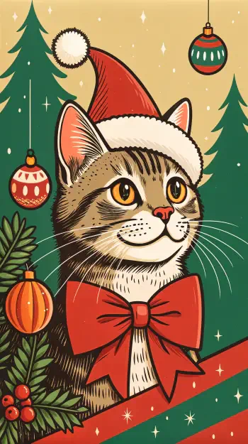 A festive illustration of a cat wearing a Santa hat and a red bow, surrounded by Christmas ornaments and evergreen trees, designed as a cheerful phone wallpaper.