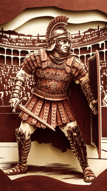 A striking phone wallpaper featuring a gladiator, armored and ready for battle, set against a detailed backdrop of an ancient arena filled with spectators.