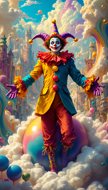A colorful jester stands joyfully on a giant orb amidst a whimsical landscape filled with clouds and balloons, creating a vibrant and playful phone wallpaper.