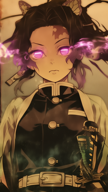 Anime wallpaper featuring Shinobu Kochou from *Demon Slayer: Kimetsu no Yaiba*, showcasing her fierce expression and glowing purple eyes against a dynamic background.