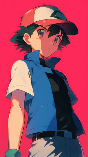 An anime-inspired phone wallpaper featuring Ash Ketchum from Pokémon, depicted with a striking pose against a vibrant pink background.