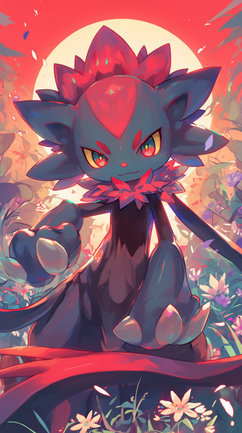 A vibrant anime-style phone wallpaper featuring Weavile, a Pokémon, striking a dynamic pose against a colorful background of flowers and a bright moon.