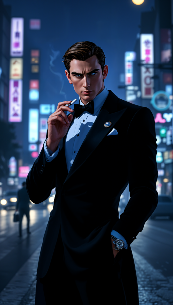 An elegant man in a tuxedo stands confidently against a vibrant city backdrop, holding a cigarette, evoking the iconic 007 aesthetic, designed as a striking phone wallpaper.