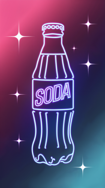 A retro-style graphic of a soda bottle outlined in neon against a vibrant, colorful background, accented with sparkling stars—perfect for a lively phone wallpaper.