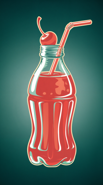 A vibrant phone wallpaper featuring a classic soda bottle topped with a cherry and a straw, set against a soothing dark teal background.