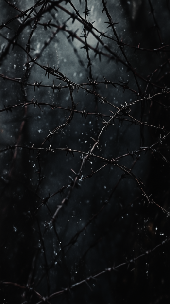 A close-up of dark, intricate barbed wire against a moody background, creating a striking and evocative phone wallpaper.