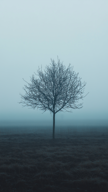 A solitary tree stands amid a thick fog, its bare branches reaching up into the mist, creating a serene and contemplative atmosphere, perfect as a phone wallpaper.