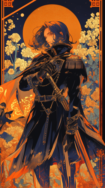 An anime boy stands confidently in a dark, stylish outfit, surrounded by vibrant flowers and a glowing orange backdrop, creating a striking phone wallpaper.