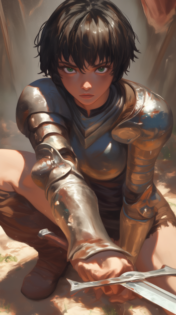 A dynamic anime-style wallpaper featuring Casca from Berserk, showcasing her fierce expression and detailed armor, ready for battle in a vibrant, immersive setting.