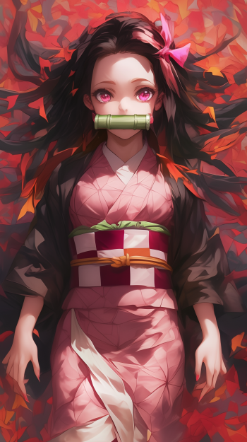 A stunning anime wallpaper featuring Nezuko Kamado from *Demon Slayer: Kimetsu no Yaiba*, surrounded by vibrant autumn leaves, showcasing her iconic pink kimono and bamboo muzzle.