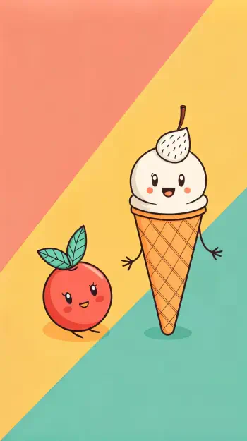 A cheerful illustration of a smiling tomato and ice cream cone on a vibrant, geometric background, perfect as a funny phone wallpaper.