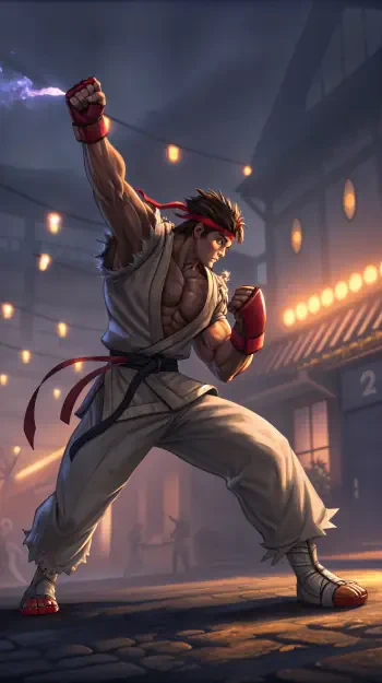 A dynamic illustration of Ryu from Street Fighter, showcasing his iconic fighting stance in a vibrant, nighttime street setting, designed as a phone wallpaper.