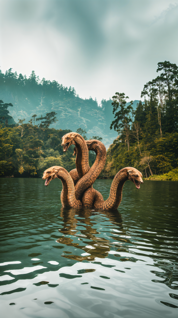 A mystical hydra rises from a serene lake, surrounded by lush greenery and misty mountains, making a captivating phone wallpaper.