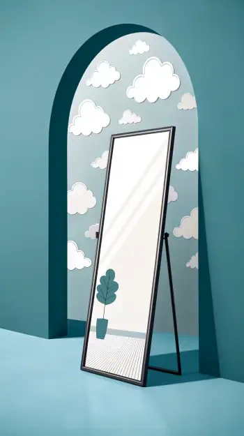A decorative mirror stands against a light blue wall, surrounded by cloud-themed wallpaper, creating a serene atmosphere. This design serves as a stylish phone wallpaper.