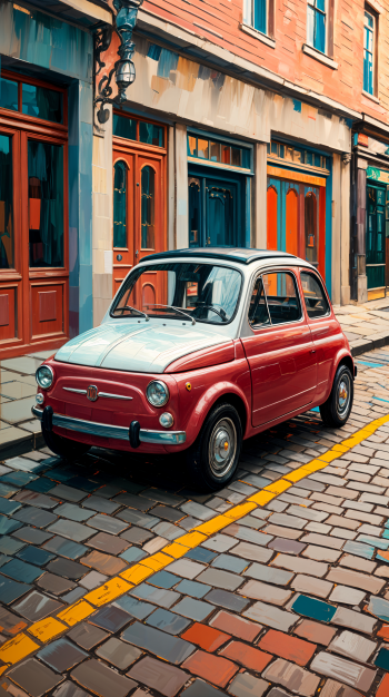 A vintage red Fiat parked on a cobblestone street, surrounded by charming buildings with colorful doors, creates a vibrant and artistic phone wallpaper.