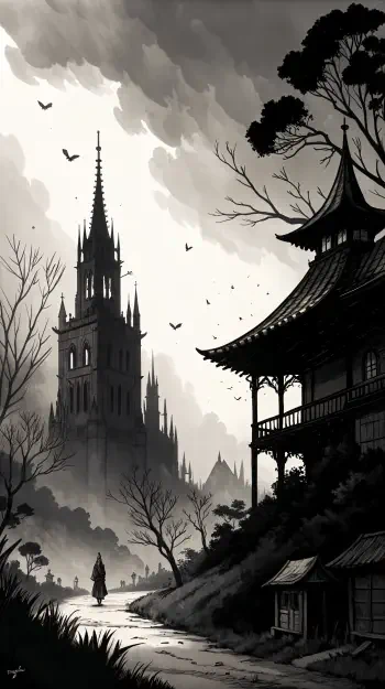 A gothic-inspired phone wallpaper featuring a towering spire and a serene, shadowy landscape. Birds soar above as a solitary figure walks along a winding path amidst dark silhouettes.