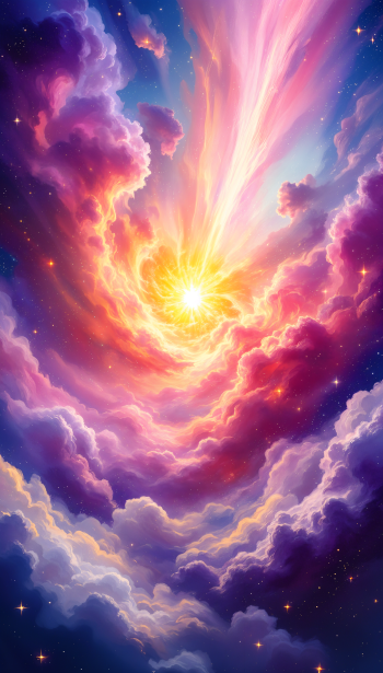 A vibrant depiction of a supernova, featuring swirling clouds of pink, purple, and gold, radiating light against a starry backdrop, making an eye-catching phone wallpaper.