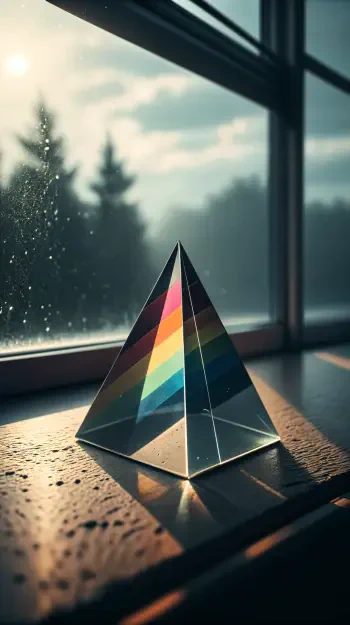 A colorful prism sits on a windowsill, casting vibrant light against a serene backdrop of trees and a cloudy sky. This image serves as an enchanting phone wallpaper.