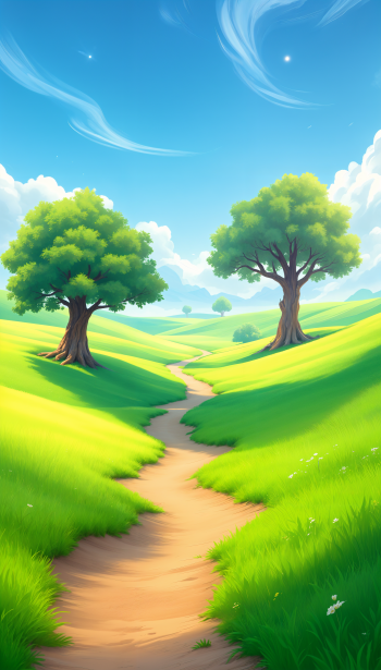 A serene phone wallpaper featuring a winding dirt path through lush green hills, bordered by two vibrant trees under a bright blue sky with soft clouds.