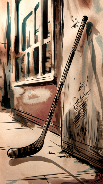 A detailed illustration of a hockey stick leaning against a wall, capturing the essence of the sport. This artwork serves as a vibrant phone wallpaper.