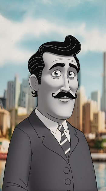 A stylized animated character with a mustache, wearing a suit and tie, stands against a city skyline, making for a striking phone wallpaper.