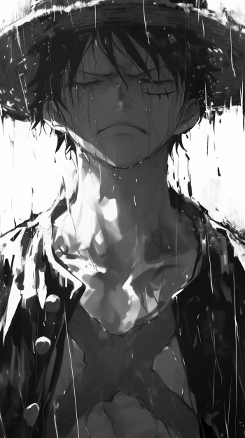 A black and white phone wallpaper featuring Monkey D. Luffy from One Piece, capturing a moment of sadness amidst rain, conveying deep emotions characteristic of this iconic manga.