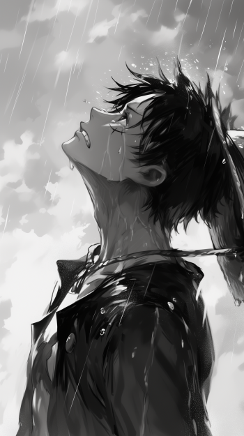 A monochrome anime wallpaper featuring Monkey D. Luffy from One Piece, capturing a sorrowful moment in the rain, evoking deep emotions and a contemplative mood.