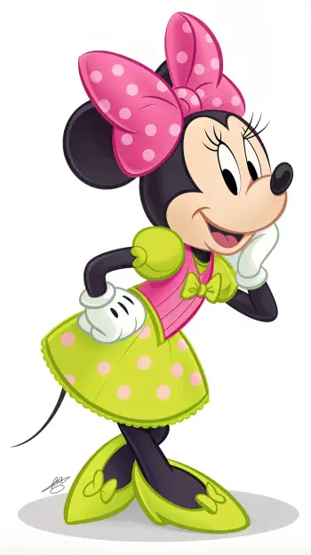 A colorful phone wallpaper featuring Minnie Mouse, charmingly dressed in a pink bow and a polka-dotted green dress, playfully posing with a smile.