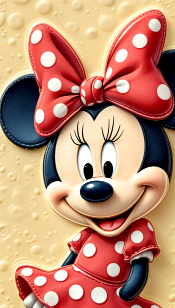 Colorful phone wallpaper featuring Minnie Mouse, depicted with her signature red polka-dot dress and bow, against a textured, light background.