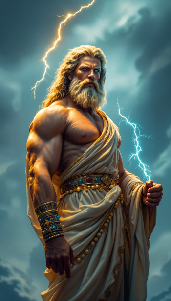 A powerful depiction of Zeus, the Greek god, exuding strength and authority with lightning bolts in the background, designed as a striking phone wallpaper.